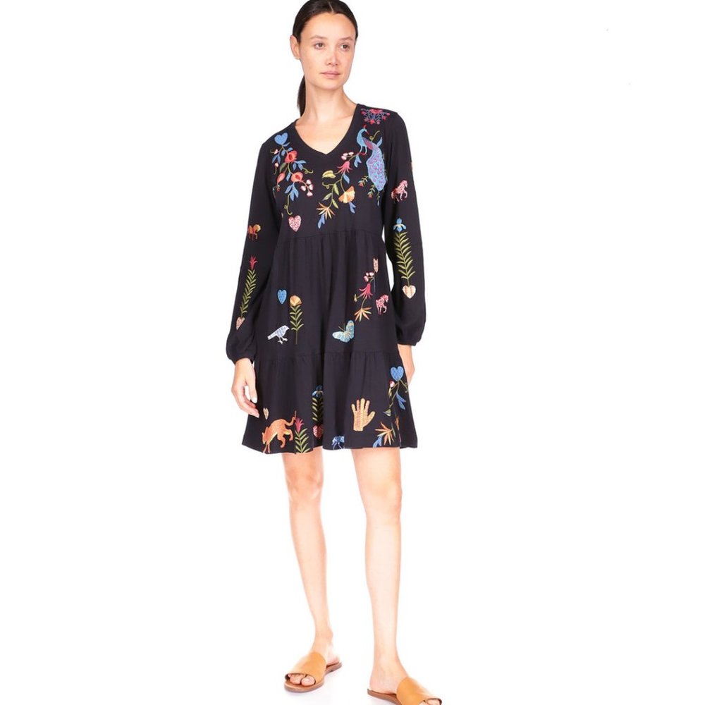 Johnny Was Adela Tiered Knit Dress Puff Butterfly Floral Embroidery Black NEW